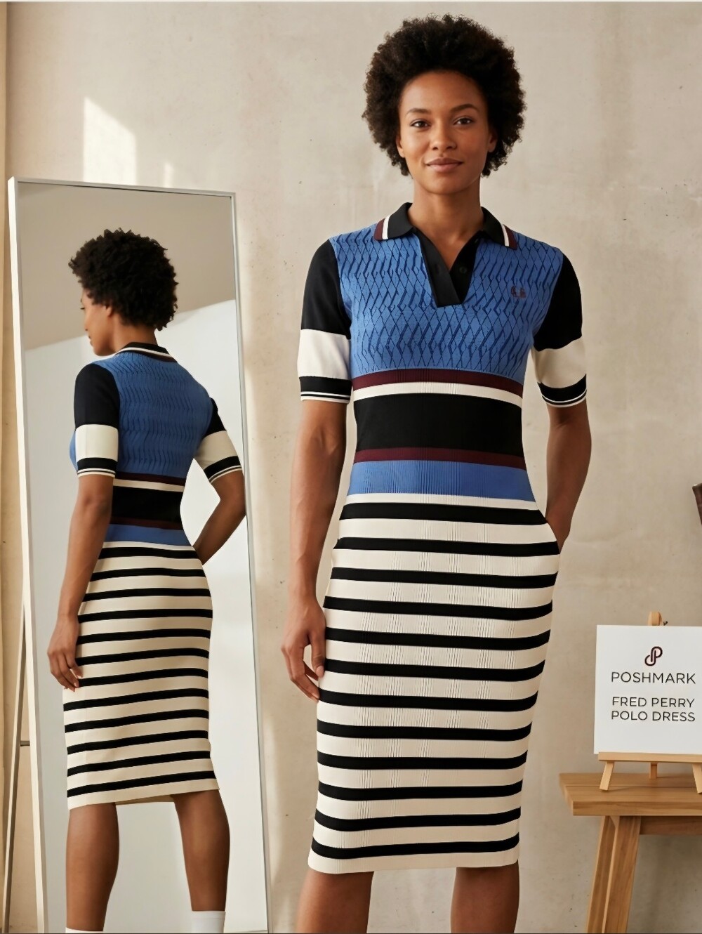 Fred Perry Blue, Black & Cream Striped Polo Dress Size 4 NWOT